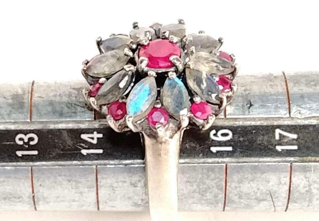 ラブラドライト　ルビー　オリジナル　ハンドメイド　シルバーリング