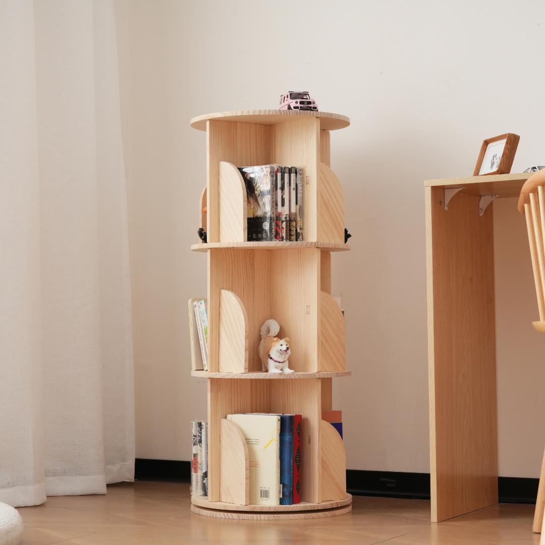 【3段-回転盤タイプ】無垢材 回転式本棚 絵本棚 360°回転棚 40*40cm
