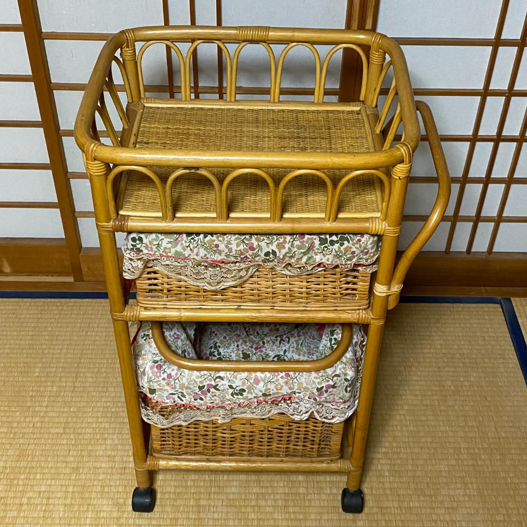 ラタン 籐 ワゴン 棚 3段 籠 W55cm D39.5cm H85.5cm