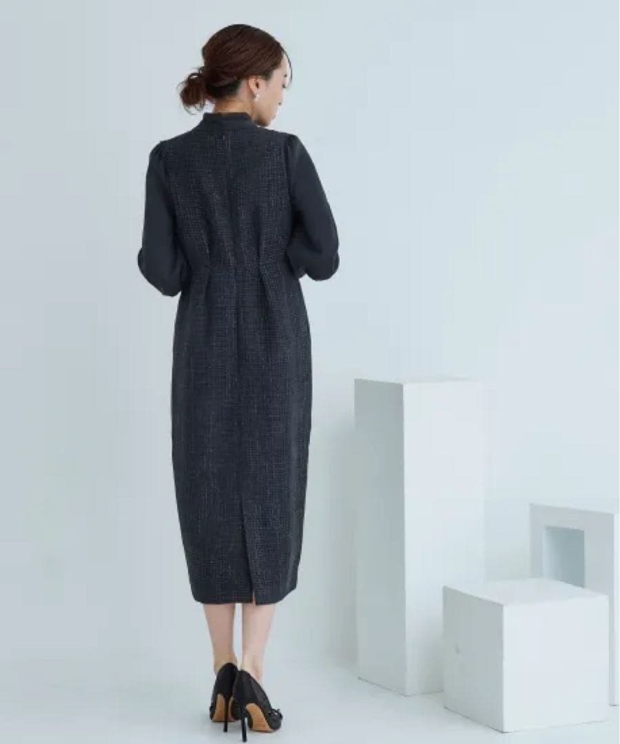 RUIRUEBOUTIQUEミックスツイードコンビ・ロングナローワンピースドレス