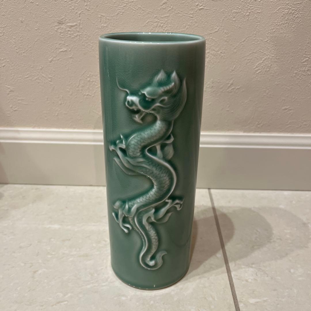 深川製磁　竜　花瓶　壁掛花生　青竹磁竜彫刻　花瓶