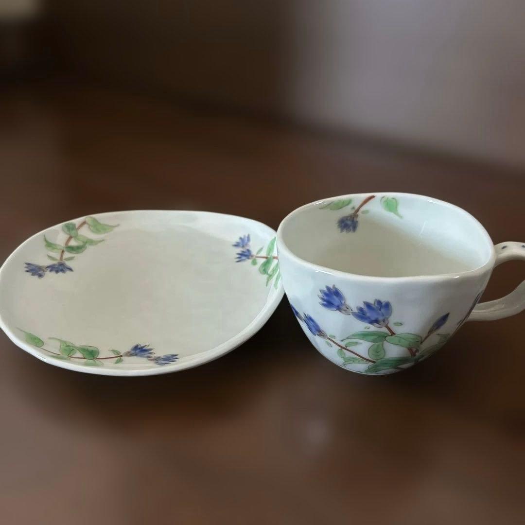 藍水　リンドウの花　カップとお皿のセット