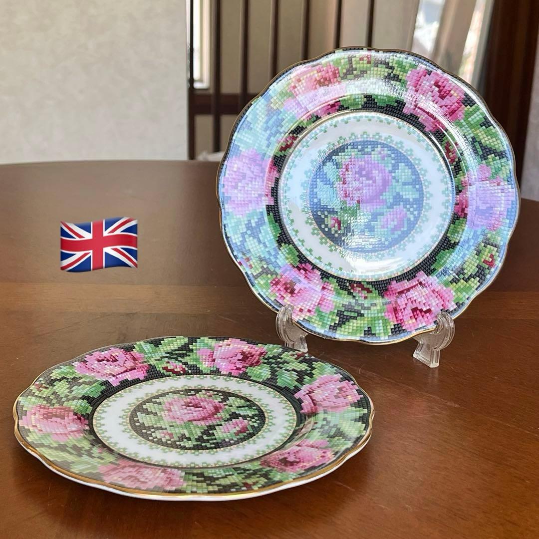 【レア美品】英国ビンテージ★ニードルポイント★ケーキ皿　2枚