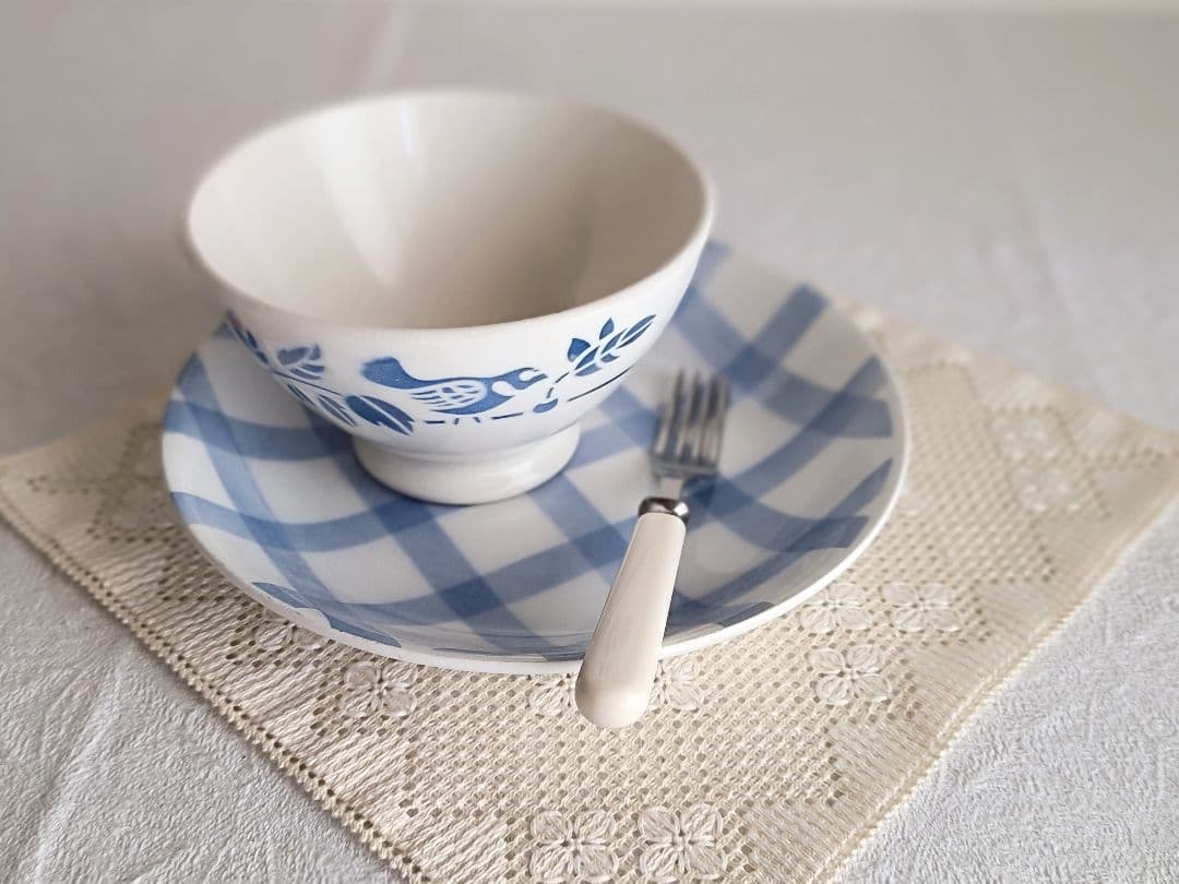 * vintage bowl ❀ ブルーステンシル 小鳥さん カフェオレ ボウル