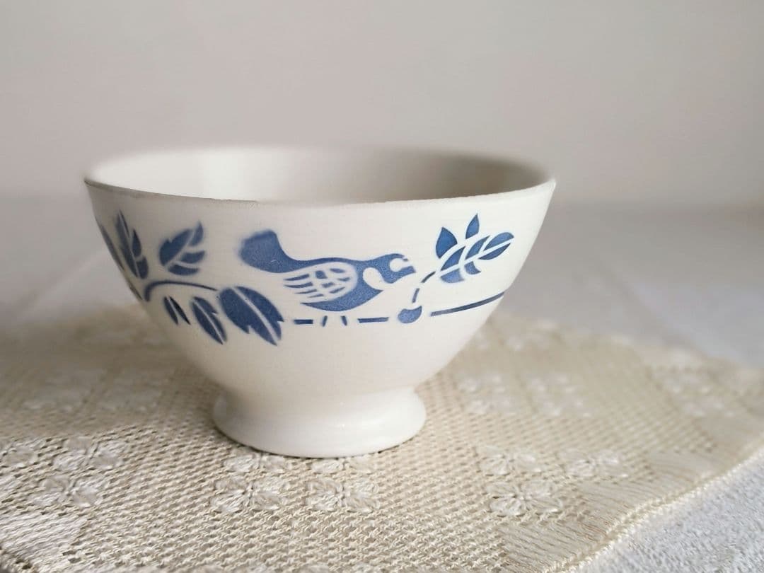 * vintage bowl ❀ ブルーステンシル 小鳥さん カフェオレ ボウル