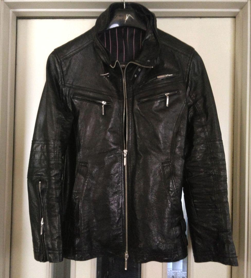 A.S.M本革ライダースレザージャケット50Ｌサイズ黒ラクーンファー付Wジップ
