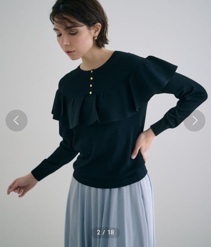 美品 アナイ 上品 ラッフルフリル プルオーバーニット 38 ブルー系 金ボタン