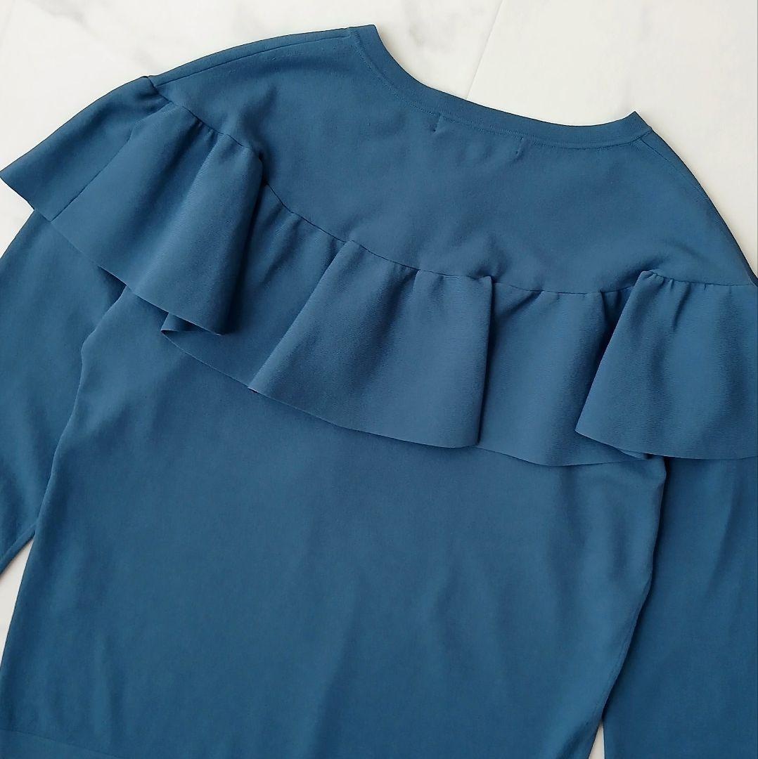 美品 アナイ 上品 ラッフルフリル プルオーバーニット 38 ブルー系 金ボタン