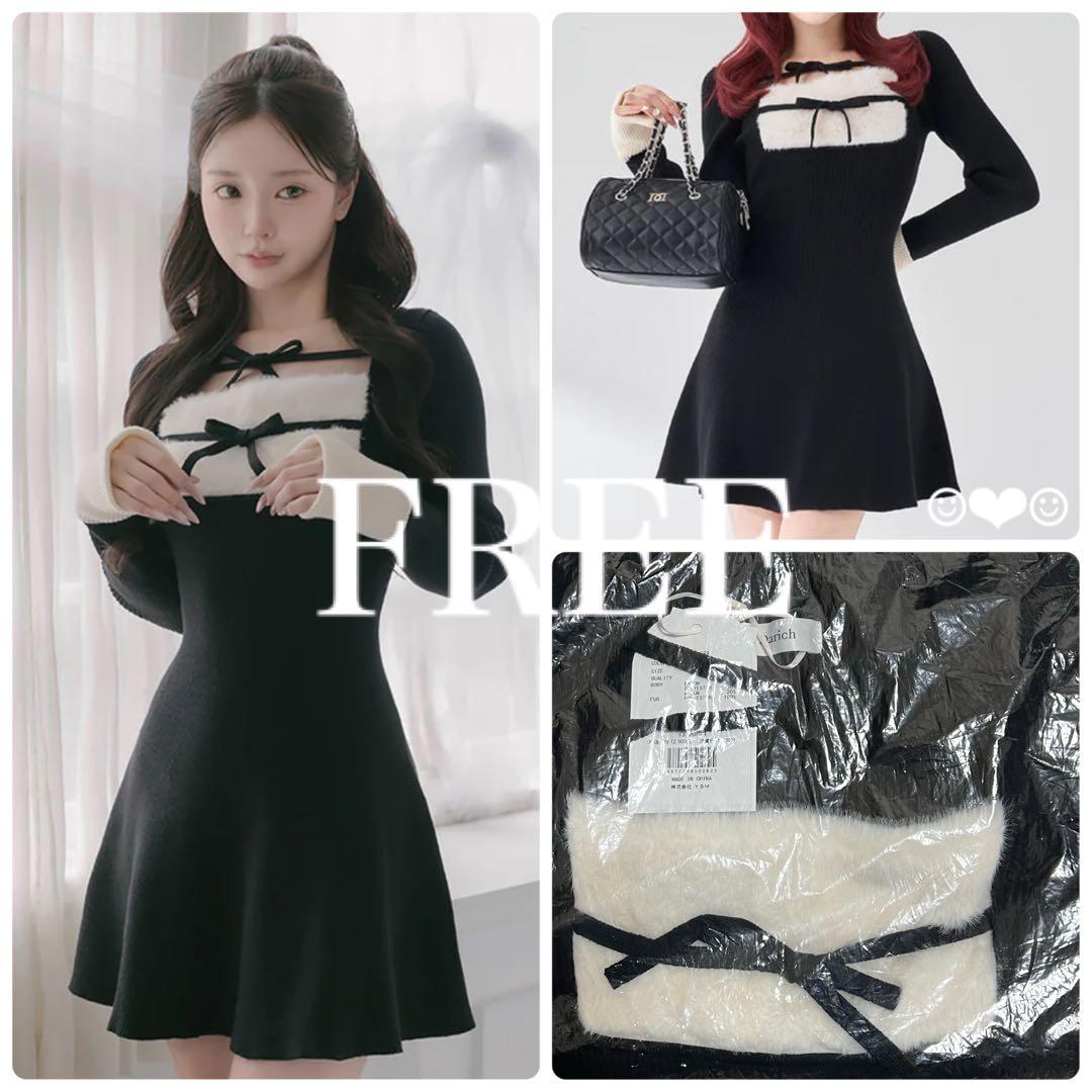 Darich♡リボンファーフレアニットミニワンピース♡ブラック♡FREE