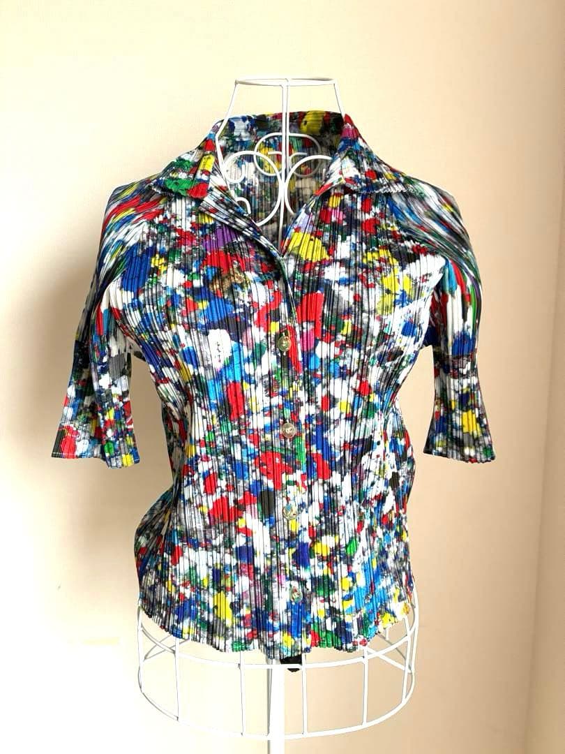 プリーツプリーズ前開き半袖シャツ