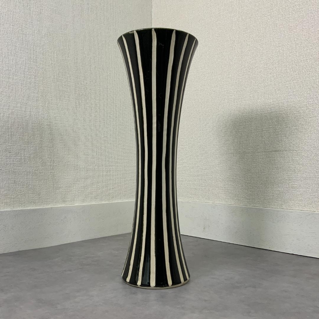 ヴィンテージ 陶器 ベース ストライプ ブラック×ホワイト 花器 花瓶