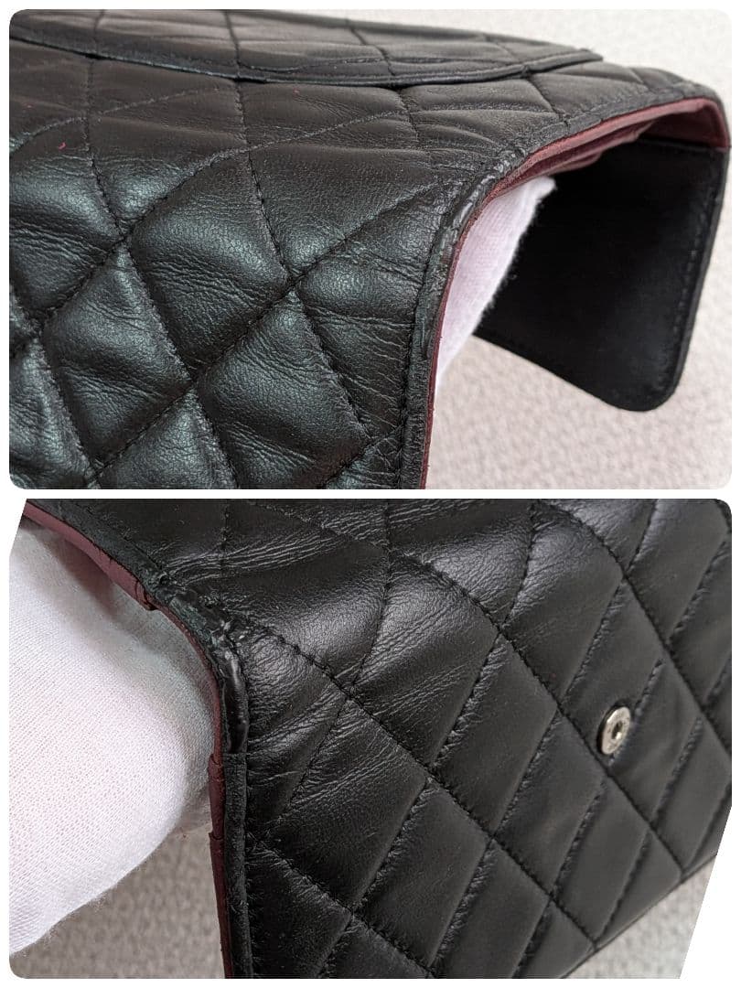 シャネル　マトラッセ　黒　三つ折り長財布　ラムスキン　シルバーココ　チェーン