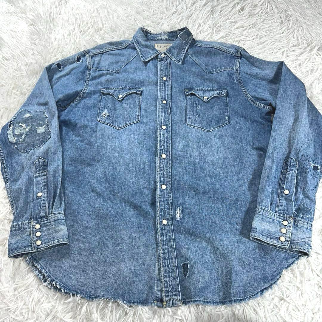美品　ポロラルフローレン　現行　ウエスタンシャツ　ダメージ加工XL パッチワーク