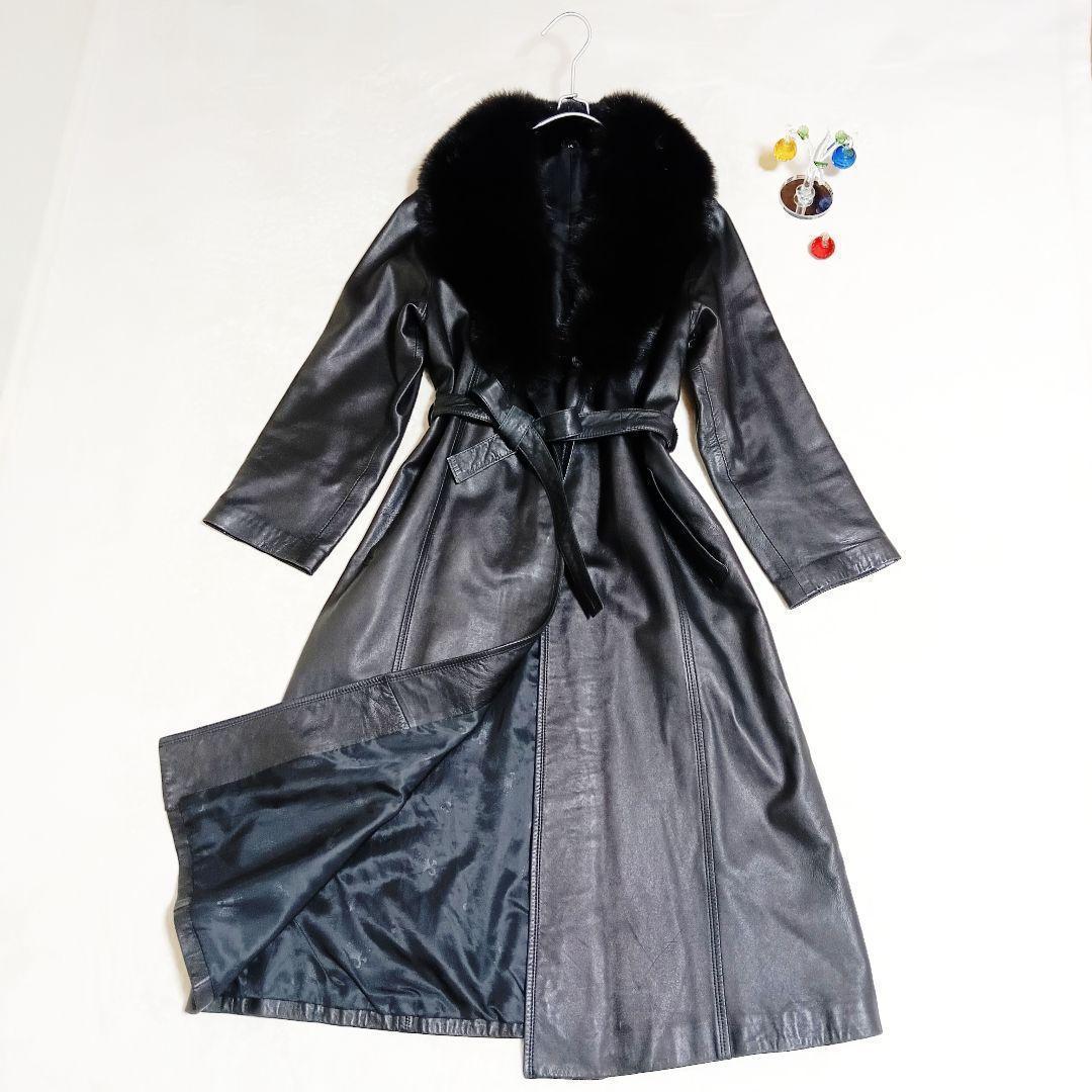 【ラムレザー】【フォックスファー】ロングレザーコート ベルト付き ブラック