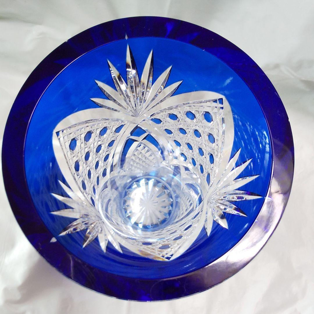 江戸切子 青被せフラワーベース 八角籠目紋