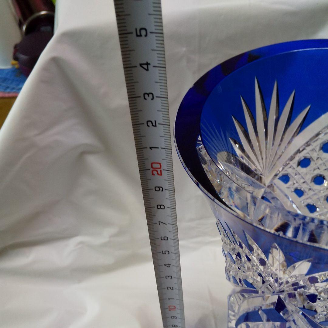 江戸切子 青被せフラワーベース 八角籠目紋