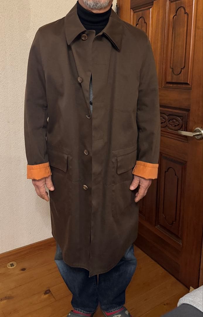 HERMESブラウン ステンカラーコート 内側オレンジ