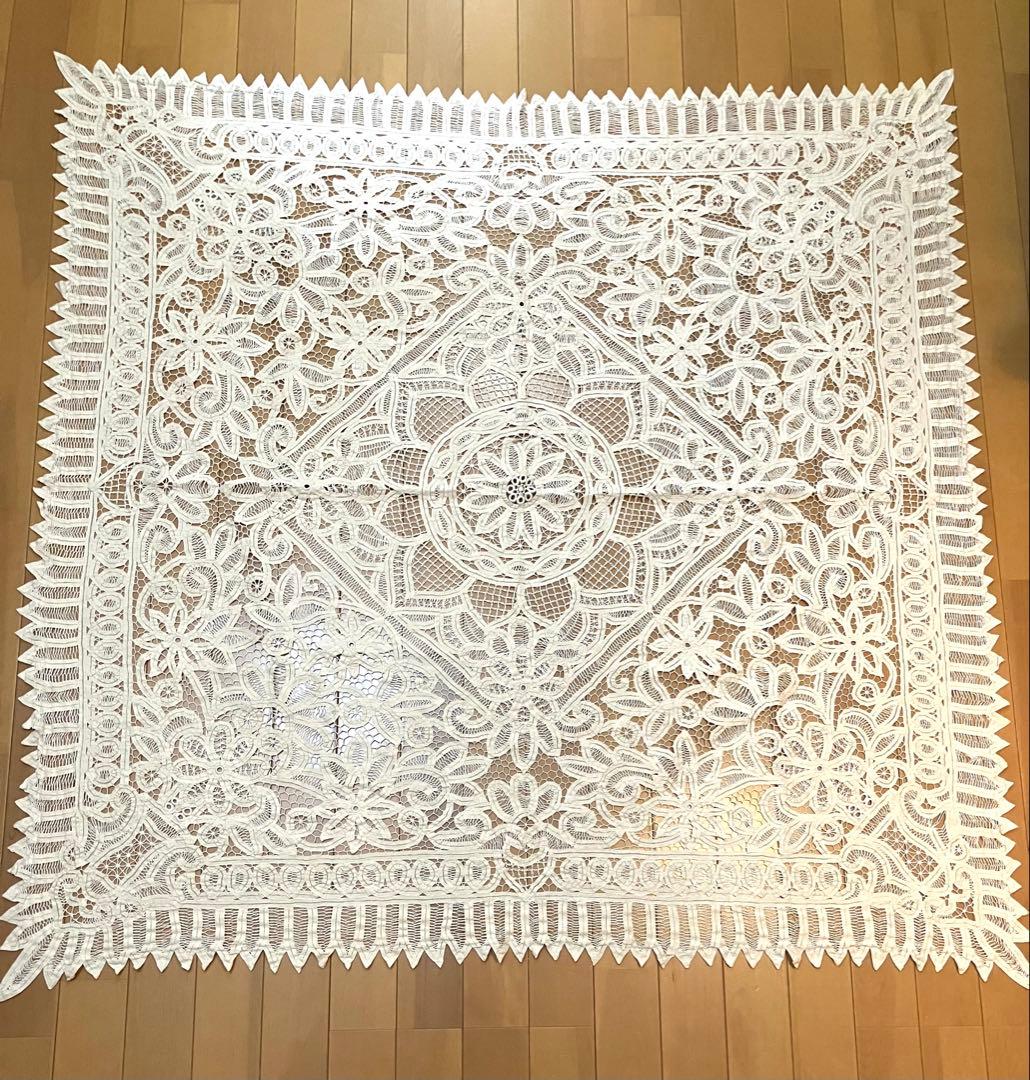 Vintage バテンレース　総レース　122x122 テーブルクロス