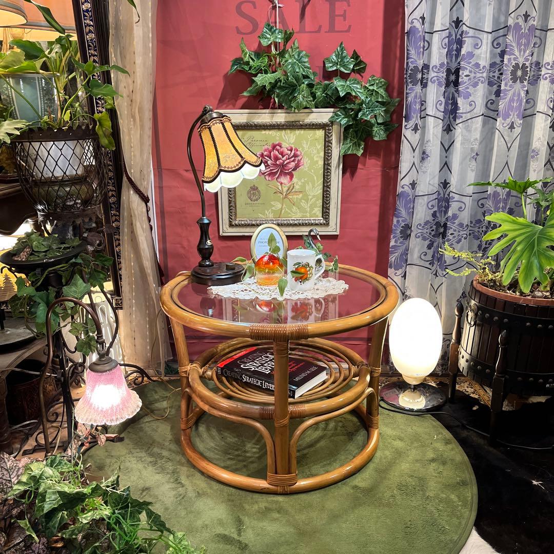 Sale ヴィンテージ ナチュラル　籐ラタンフレーム サイドテーブル 丸テーブル