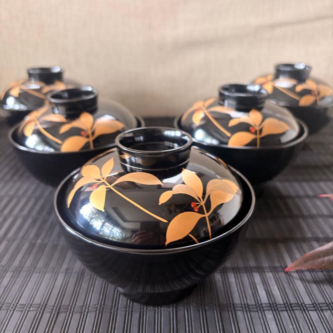 【未使用保管品】高級吸物椀 越前漆器 高台小槌 天然木 本漆塗 薮こうじ 5客