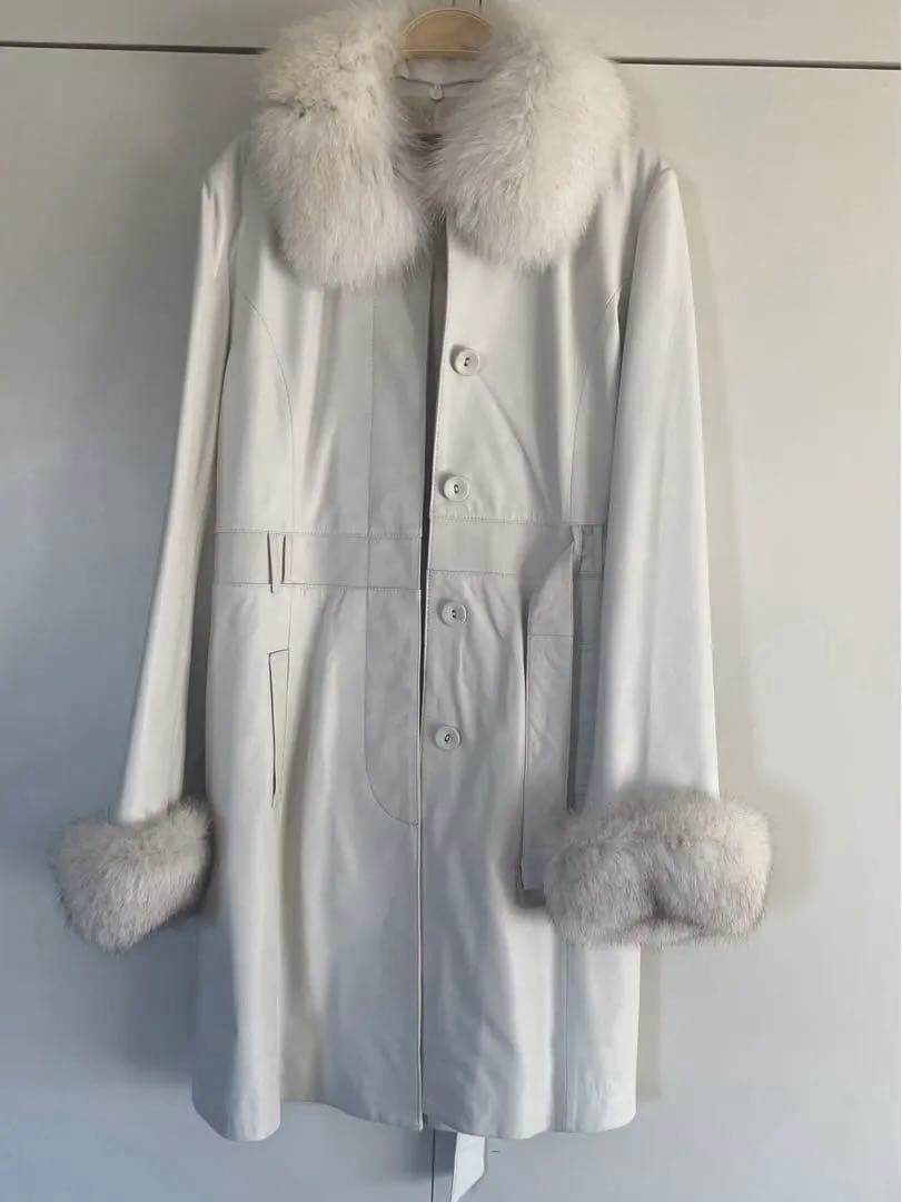 BALMAIN バルマン フォックスファー付 羊革 レザーコート 白 M