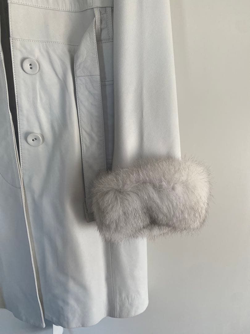 BALMAIN バルマン フォックスファー付 羊革 レザーコート 白 M