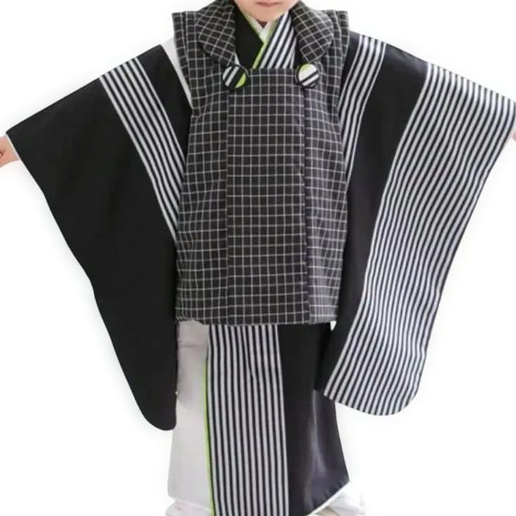 三歳★美品★モダン★チェック被布＆黒ストライプ着物＆雪駄18