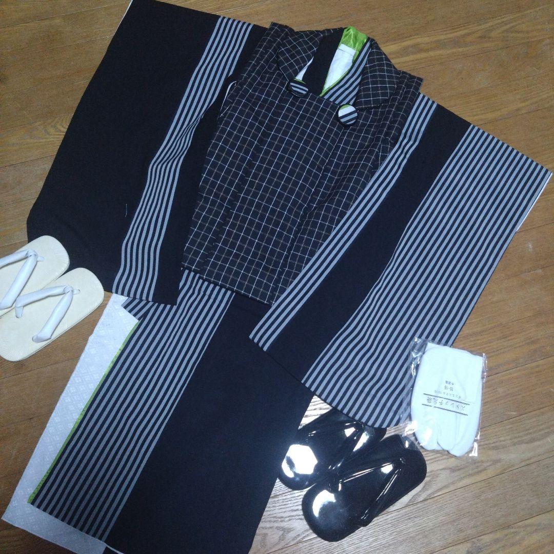 三歳★美品★モダン★チェック被布＆黒ストライプ着物＆雪駄18