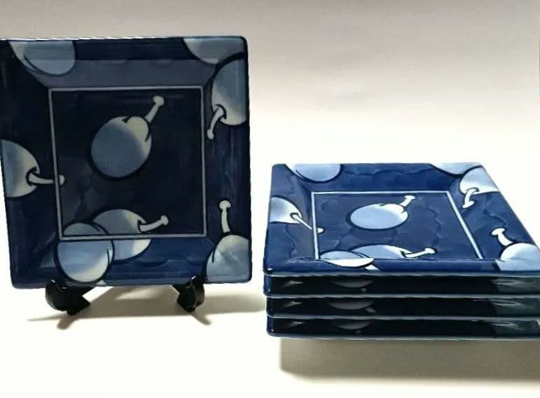 【未使用品】源右衛門窯 染濃 プルーン文 角皿 銘々皿 5枚組