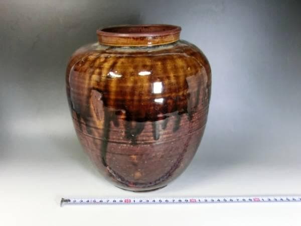 壷●古い飴釉 涙痕 甕 瀬戸 江戸期 口広花瓶 花器 置物 時代物 骨董品■