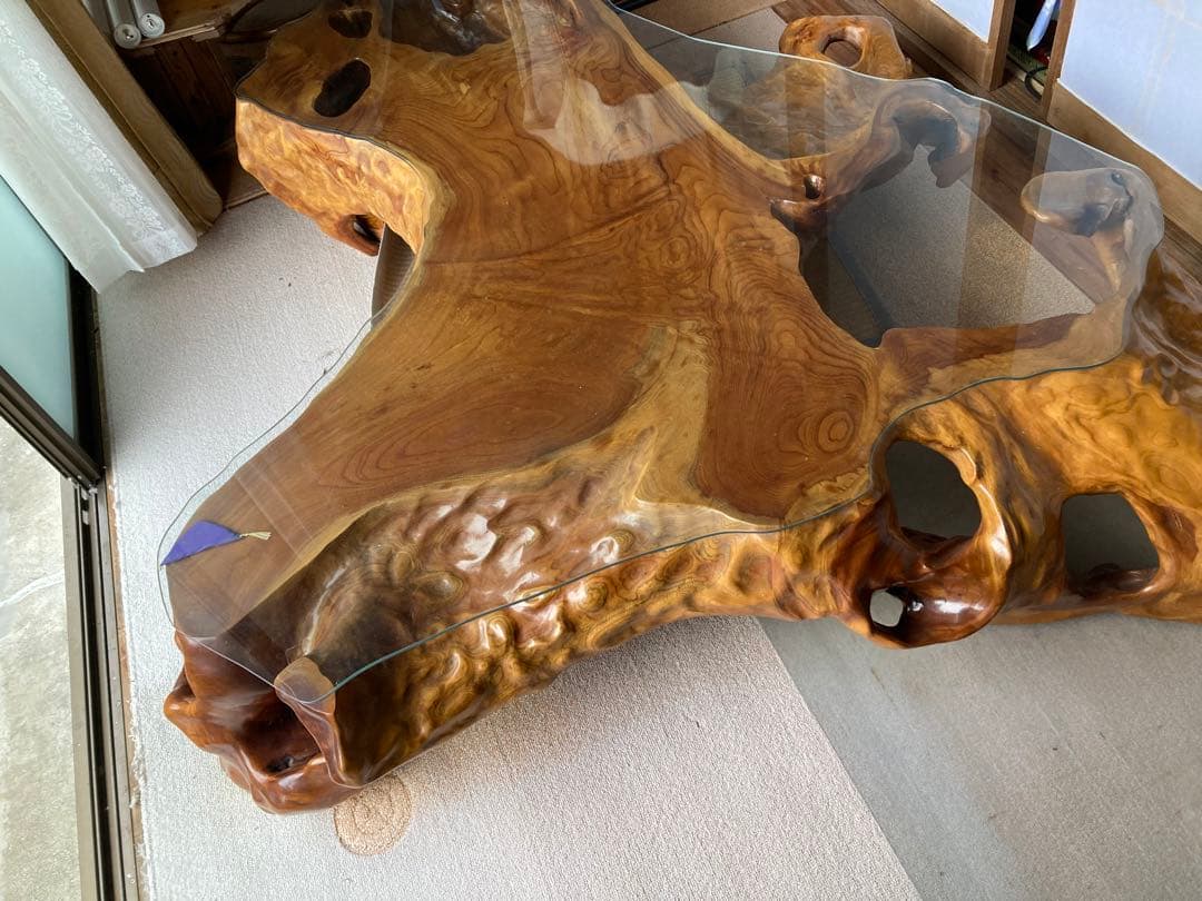 【希少・特大】けやき一枚板テーブル ガラス天板付き 無垢 天然木 座卓