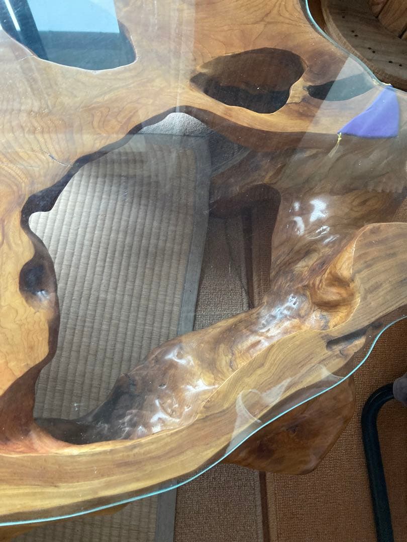 【希少・特大】けやき一枚板テーブル ガラス天板付き 無垢 天然木 座卓