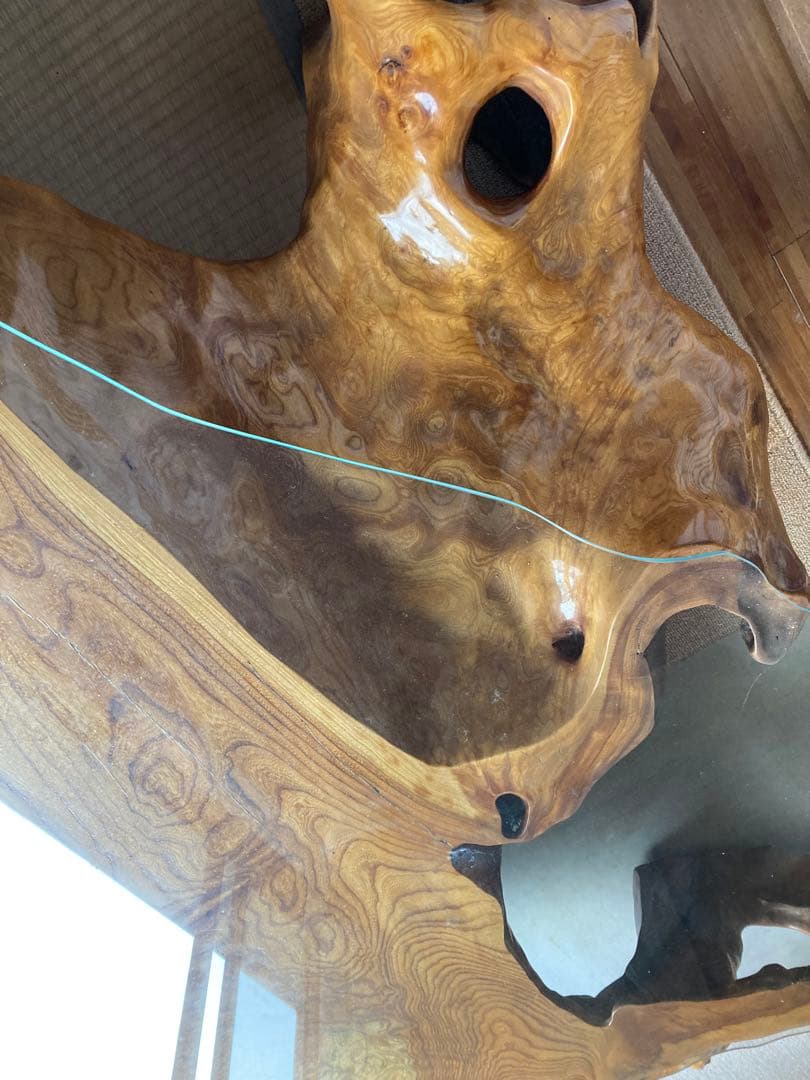 【希少・特大】けやき一枚板テーブル ガラス天板付き 無垢 天然木 座卓