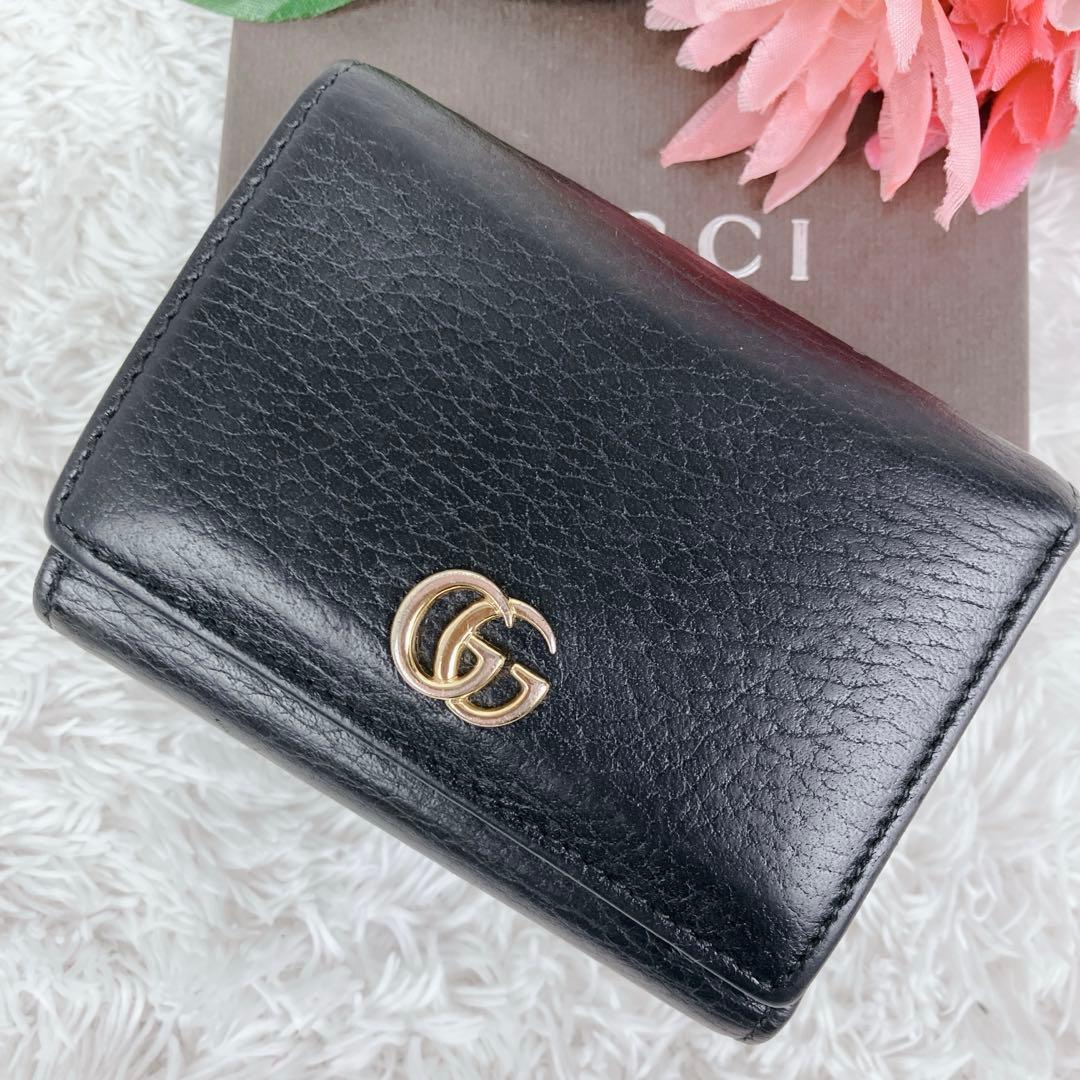 美品　グッチ　折り財布　GGマーモント　Wホック　レザー　ブラック　黒