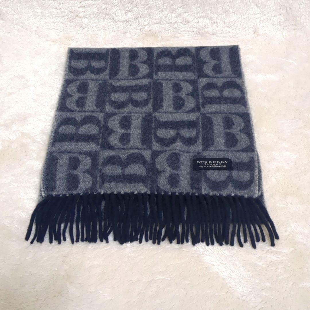 美品✨BURBERRY LONDON カシミヤ マフラー Bロゴ 総柄 紺
