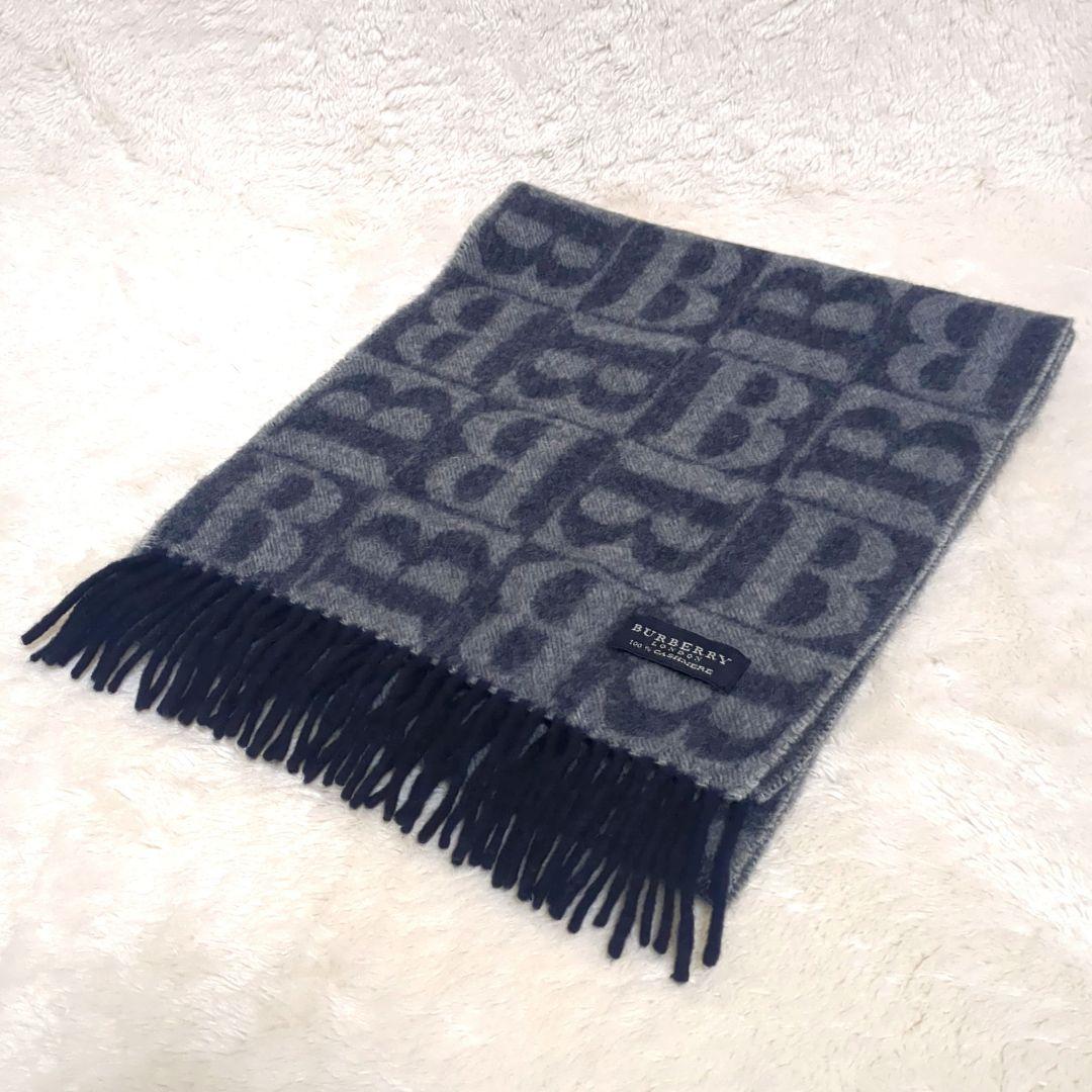 美品✨BURBERRY LONDON カシミヤ マフラー Bロゴ 総柄 紺