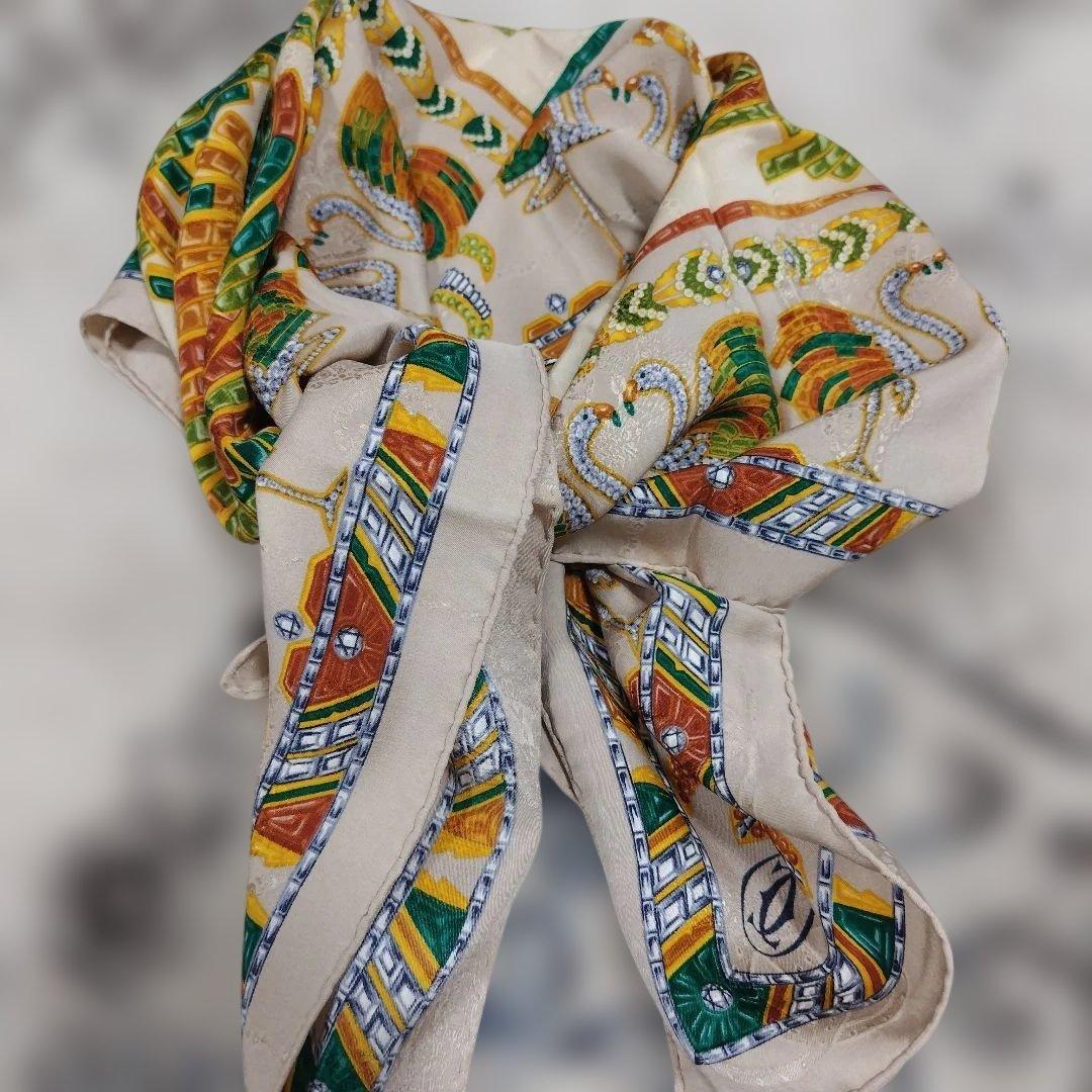 Cartier カルティエ　スカーフ 大判85cm 宝石 フラミンゴ ベージュ