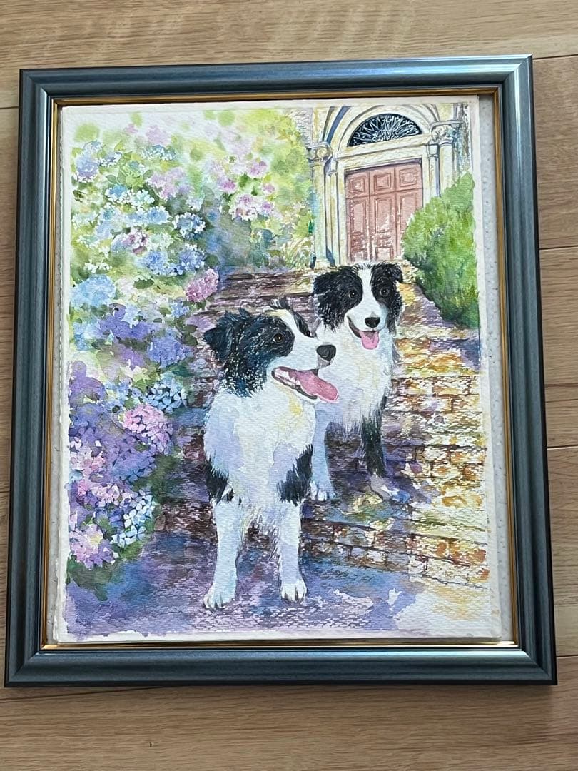 額付き　あじさい水彩画　ボーダーコリー