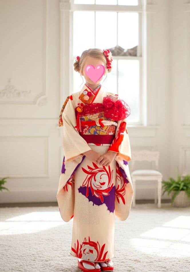 アンティーククリーム色着物と赤の作り帯☆七五三７歳セット