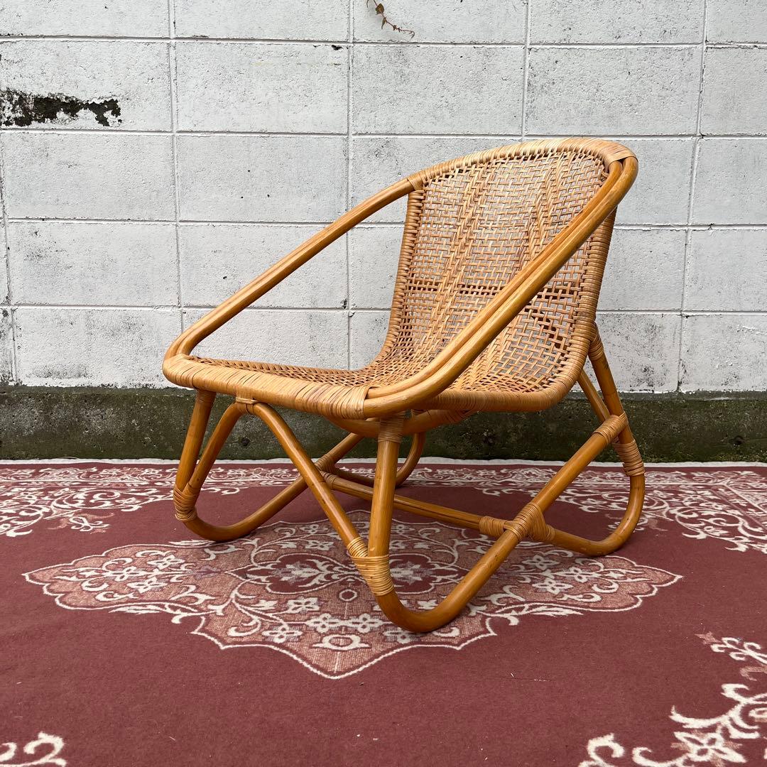 古家具ナチュラル天然素材◾️籐ラタンフレーム ラタンチェア 椅子 アームチェア A