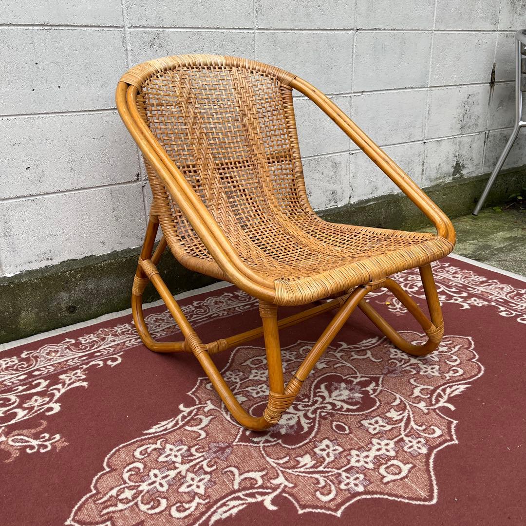 古家具ナチュラル天然素材◾️籐ラタンフレーム ラタンチェア 椅子 アームチェア A