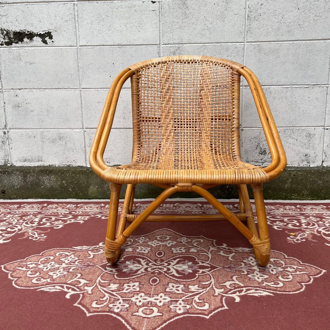 古家具ナチュラル天然素材◾️籐ラタンフレーム ラタンチェア 椅子 アームチェア A
