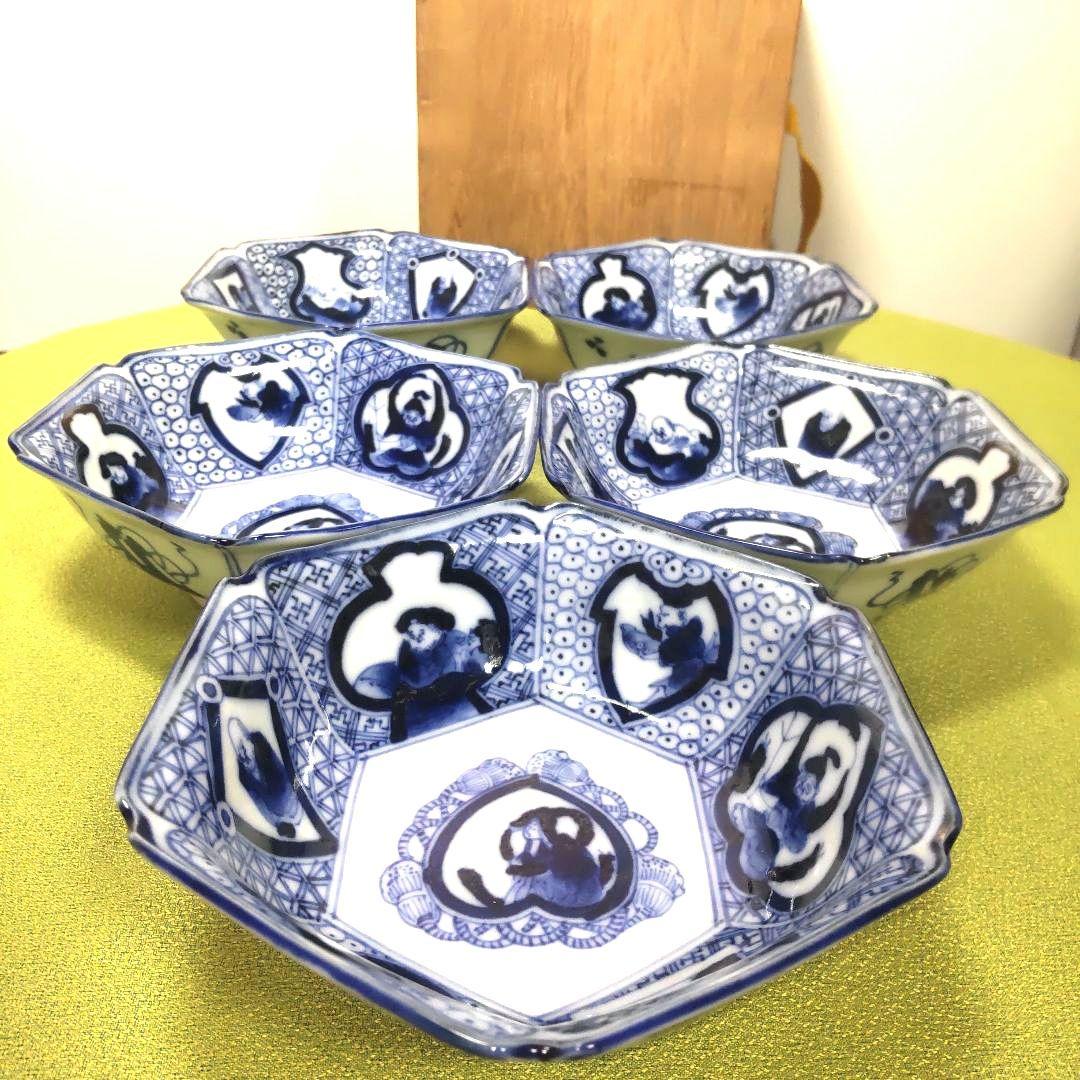 骨董 手描き 伊万里焼 藍九谷 古九谷 染付 古伊万里 六角 小鉢 木箱付