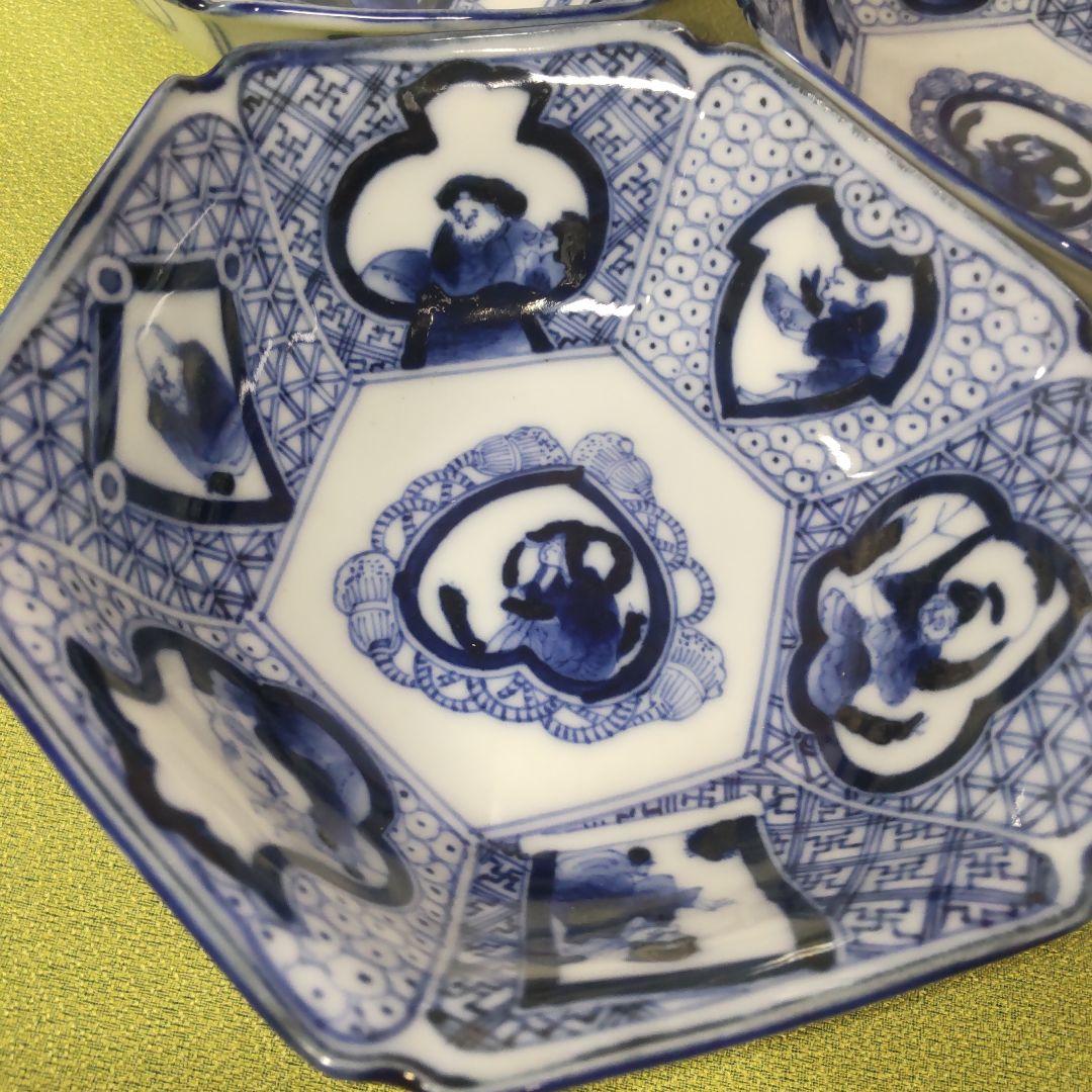 骨董 手描き 伊万里焼 藍九谷 古九谷 染付 古伊万里 六角 小鉢 木箱付