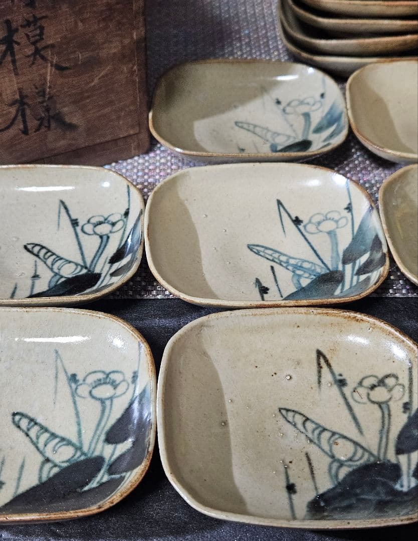 明治時代　古瀬戸　古美濃系　呉須　染付 かわほねの図　小皿　豆皿　手塩皿　20客