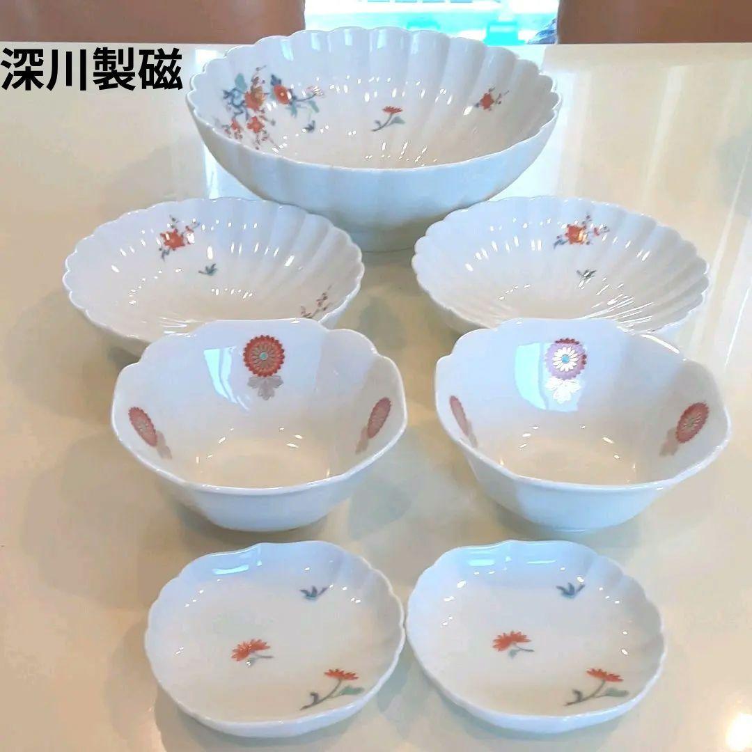 【深川製磁】　色絵花鳥紋　他　7点セット　白　花柄　説明書付き