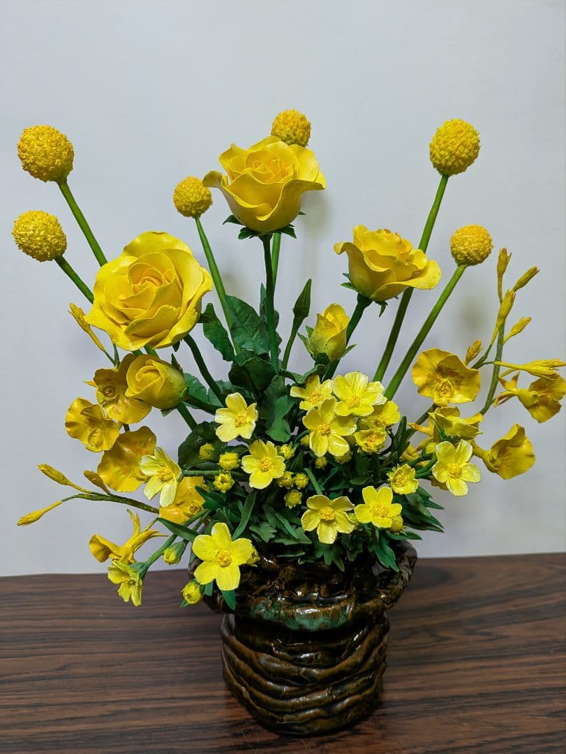 パンフラワー、黄色の花の寄植え・カラーの2点(樹脂粘土、ハンドメイド)