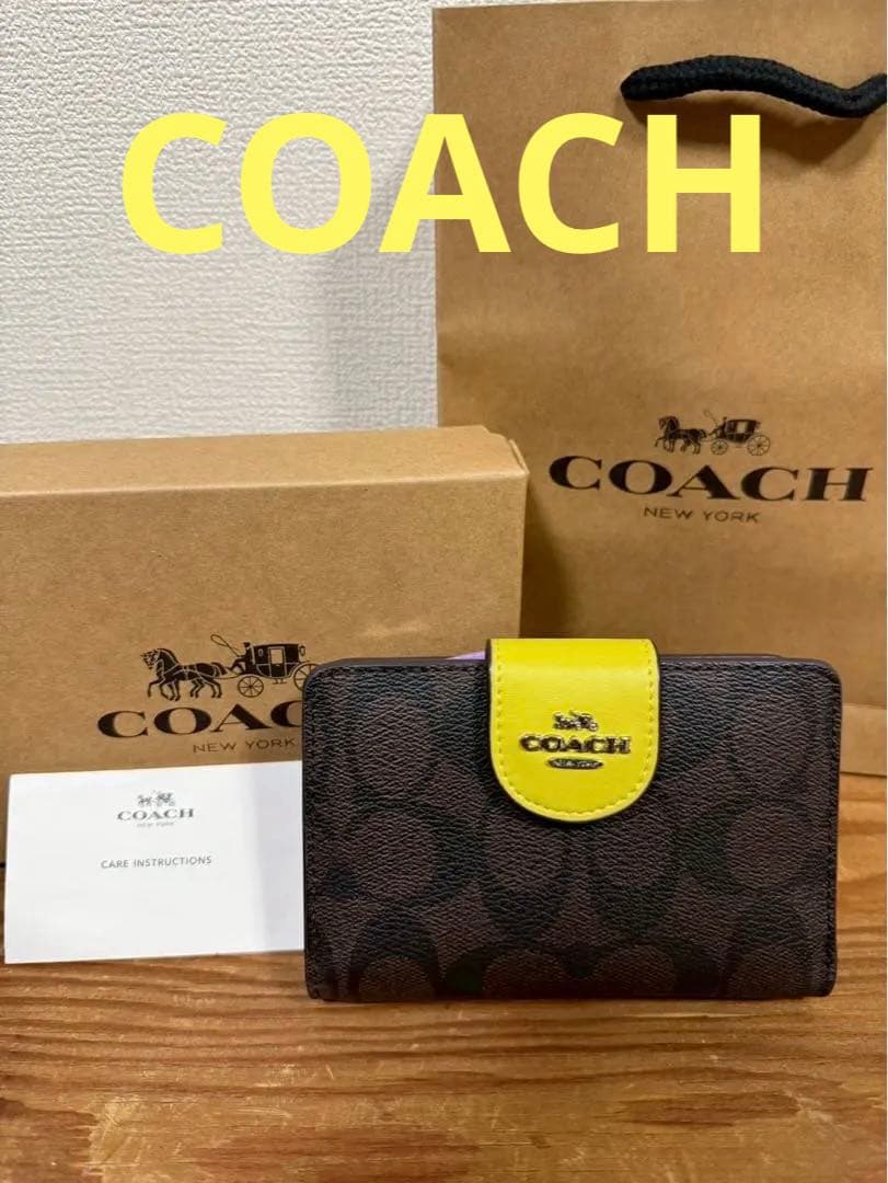 COACH 二つ折り財布 ブラウン/イエロー
