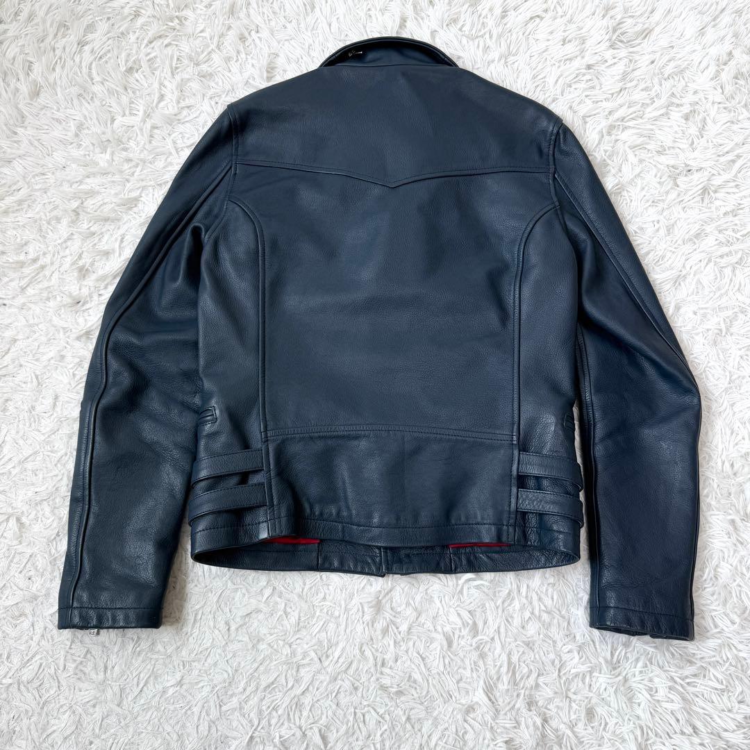 【美品✨】NO ID. 牛革 ダブルライダースジャケット レザー ネイビー×赤
