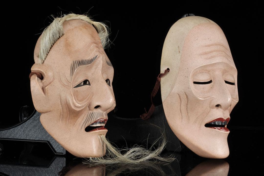 初代 野川陽山 時代能面 木彫 翁 姥 一対 箱付 在銘 小尉面 古美術 骨董品